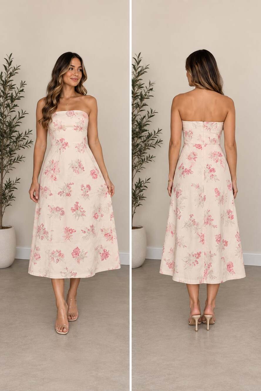 Romantic Cottagecore Floral Lauren Ralph Lauren Strapless Midi Dress Size 12